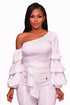 Sexy White Asymmetrical Shoulder Ruffle Sleeve Top